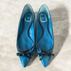 Dior Blue Flat Patent Leather Flats with Black Trim